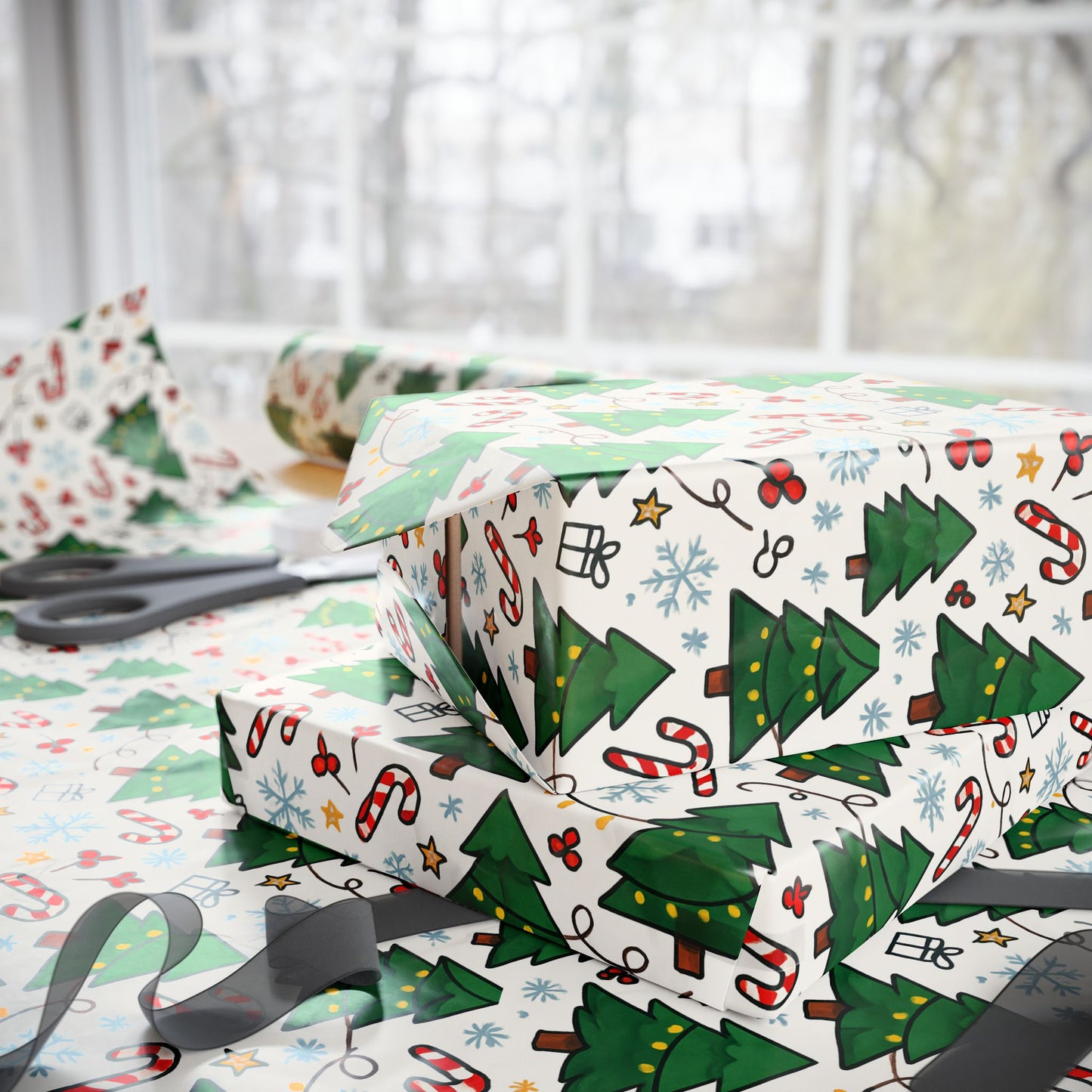 Christmas Trees & Candy Canes Wrapping Paper Roll — Festive Holiday Gift Wrap