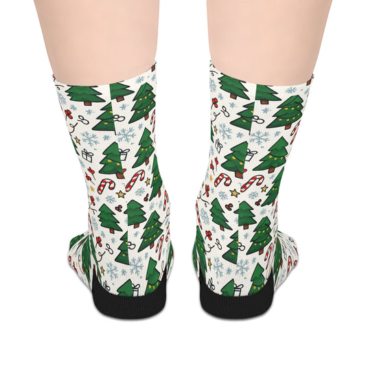 Christmas Tree Pattern Mid-Length Socks — Candy Cane & Snowflake Holiday Crew Socks
