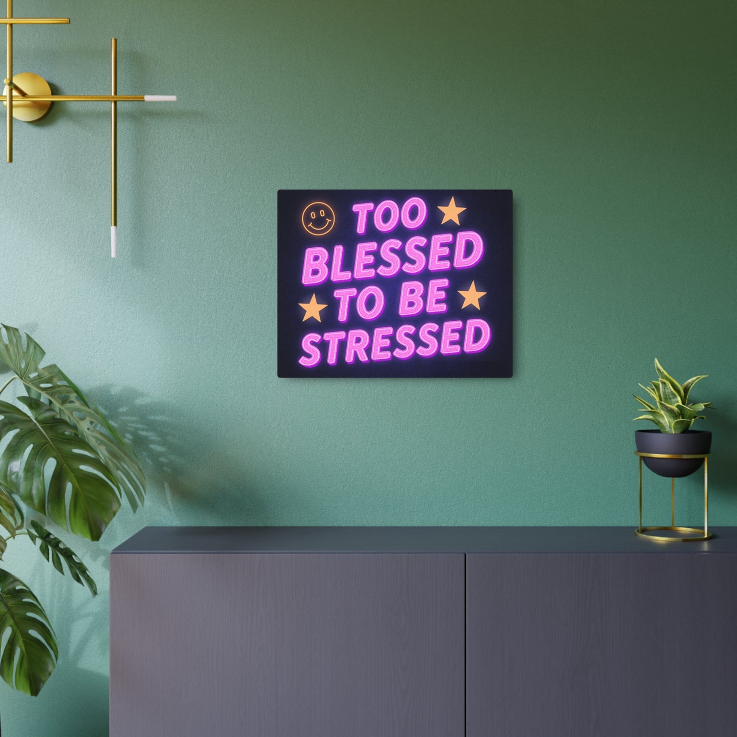 Too Blessed To Be Stressed Metal Art Sign — Neon Smile Wall Decor