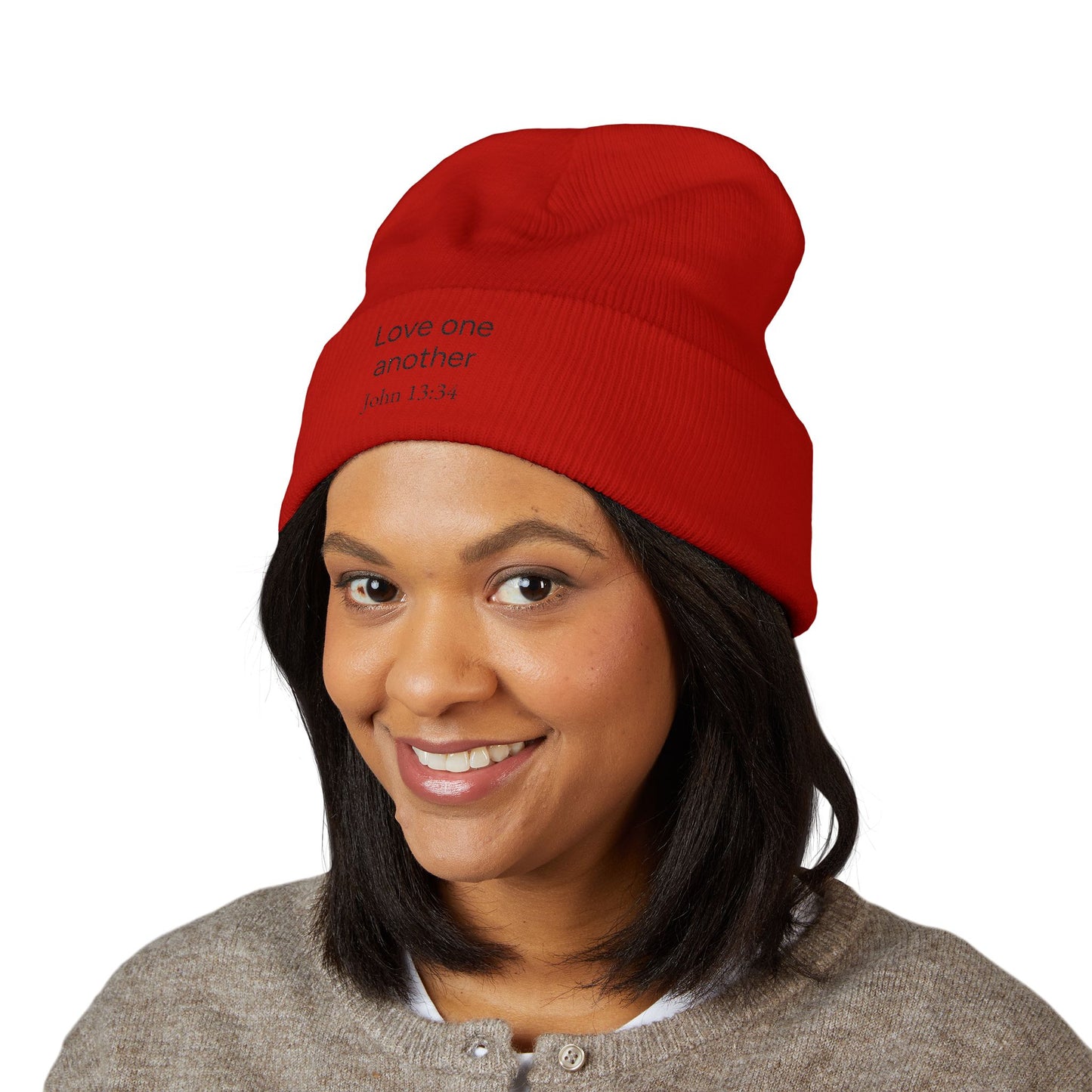 'Love One Another' Embroidered Cuffed Beanie – John 13:34 Christian Knit Hat
