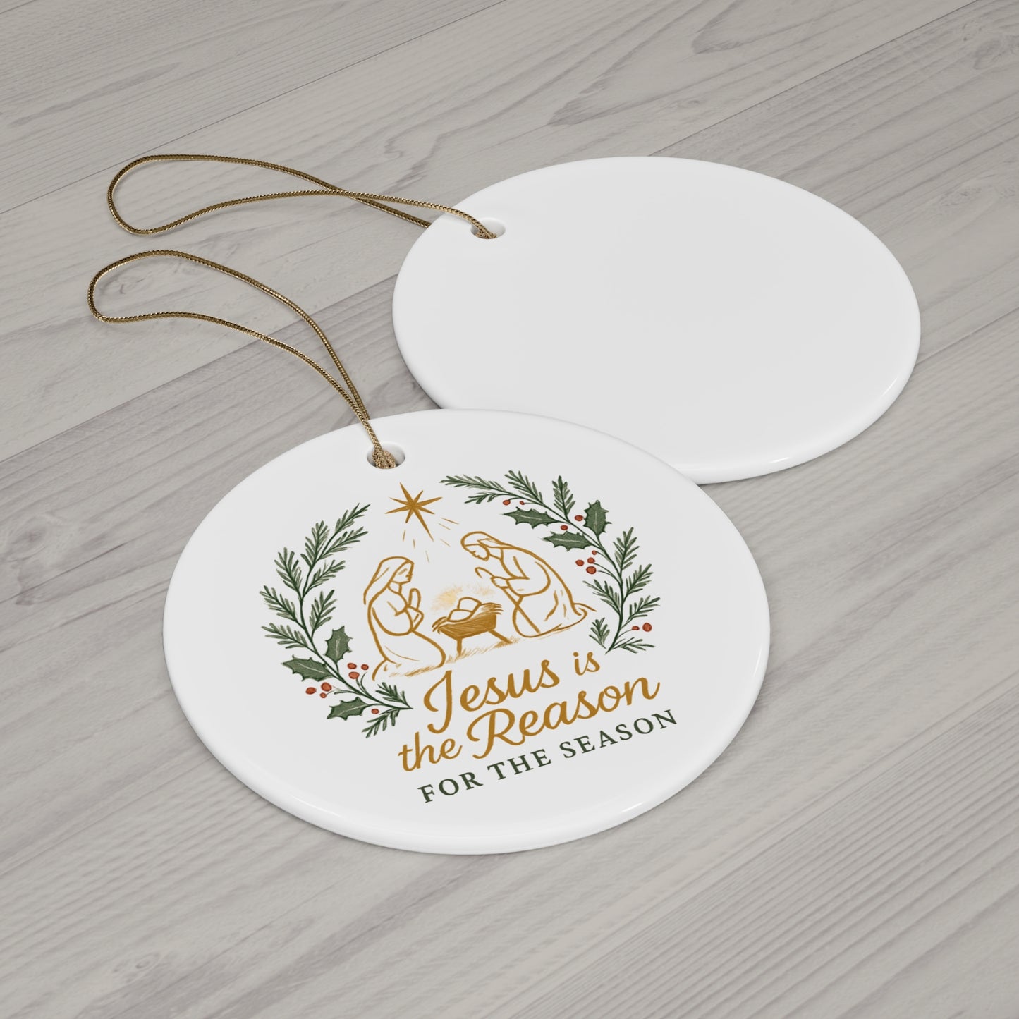 Jesus Is the Reason Ceramic Christmas Ornament — Nativity Wreath Keepsake