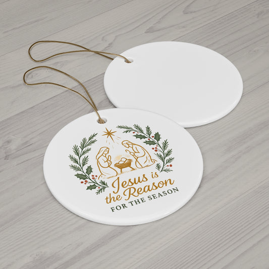Jesus Is the Reason Ceramic Christmas Ornament — Nativity Wreath Keepsake