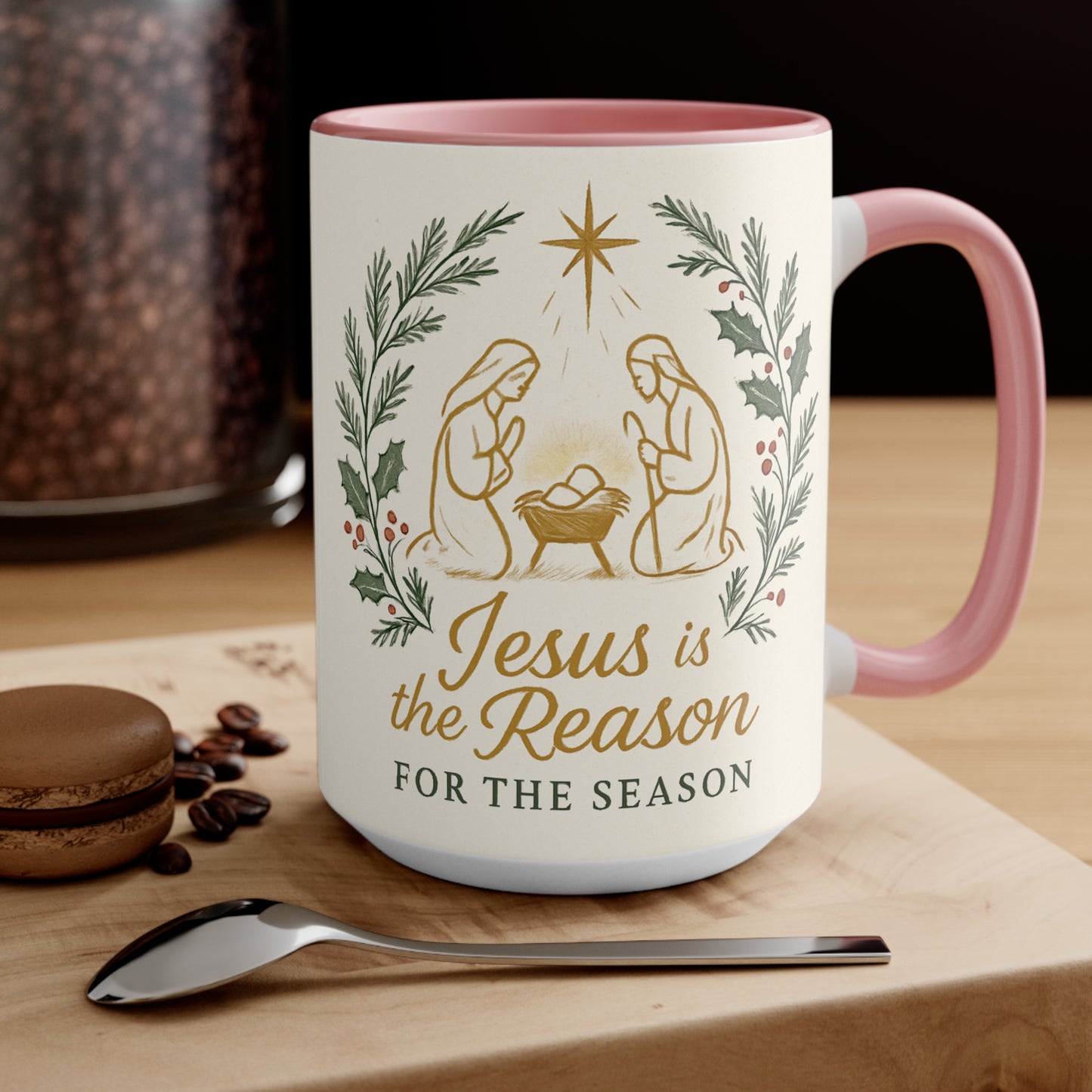 Jesus Is the Reason Accent Mug — Nativity Christmas Coffee Cup (15oz)