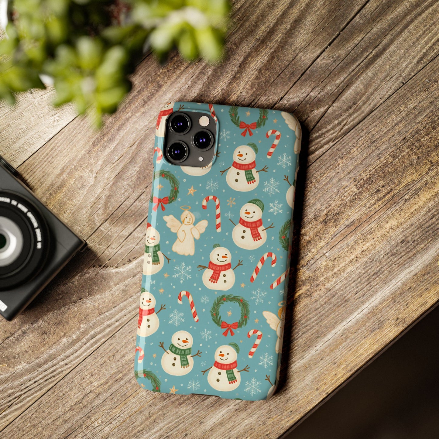 Holiday Snowman Slim Phone Case — Cute Christmas Candy Cane & Wreath Pattern