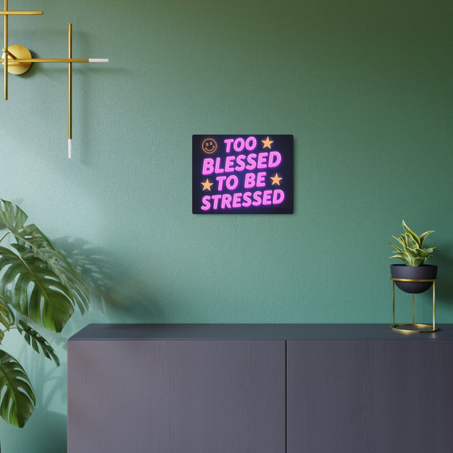 Too Blessed To Be Stressed Metal Art Sign — Neon Smile Wall Decor