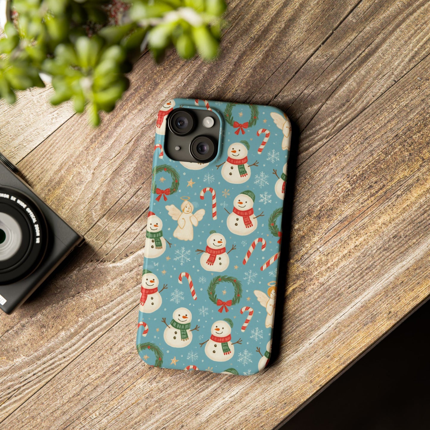 Holiday Snowman Slim Phone Case — Cute Christmas Candy Cane & Wreath Pattern