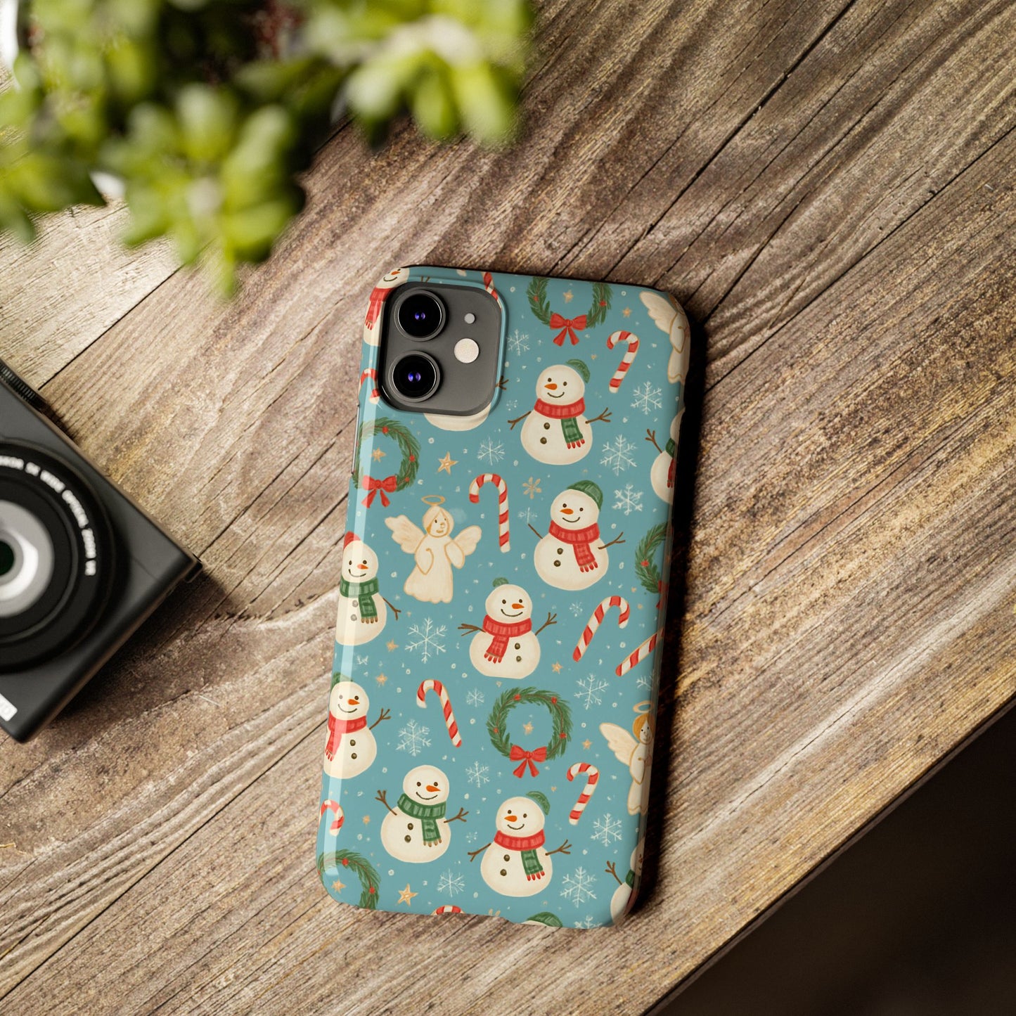 Holiday Snowman Slim Phone Case — Cute Christmas Candy Cane & Wreath Pattern