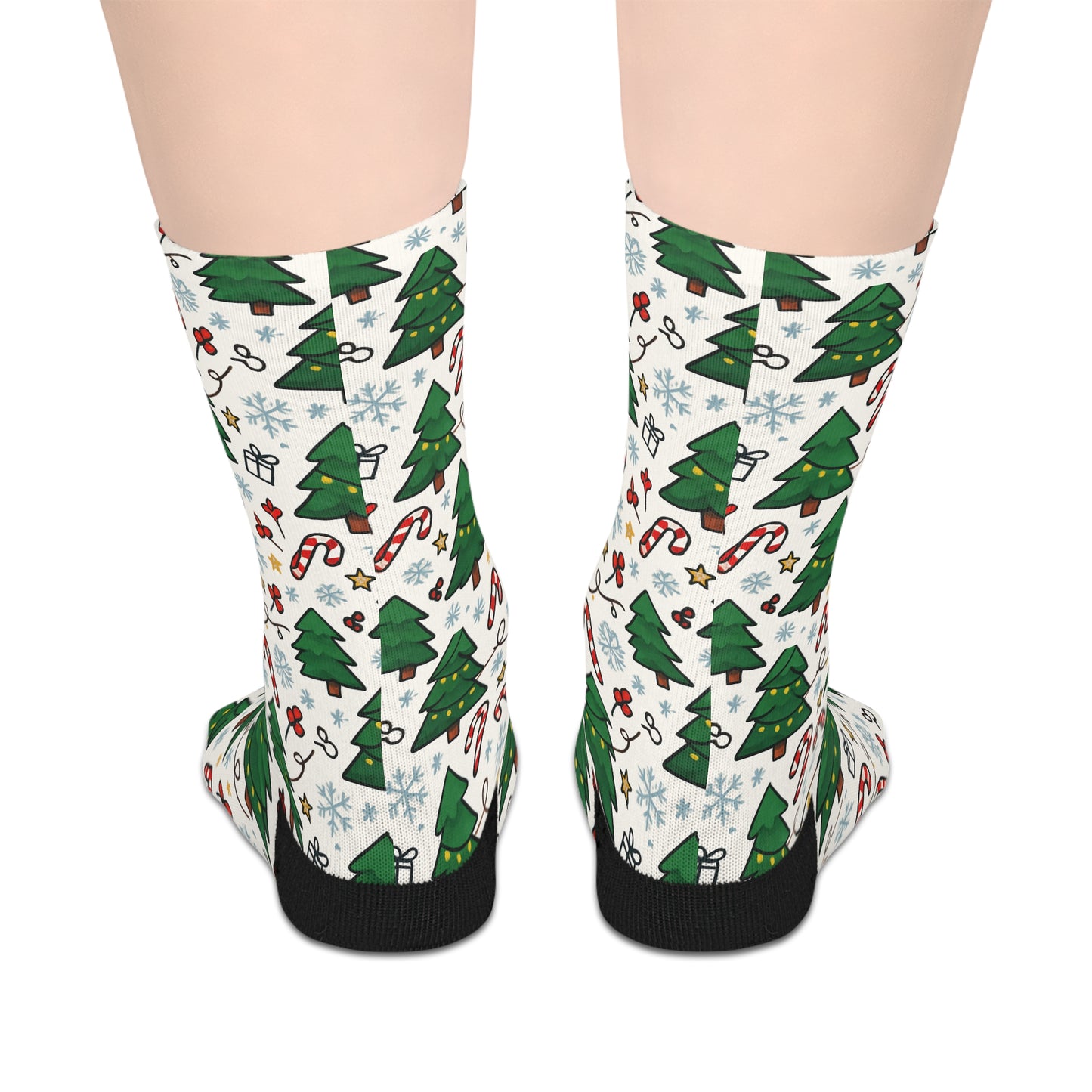 Christmas Tree Pattern Mid-Length Socks — Candy Cane & Snowflake Holiday Crew Socks