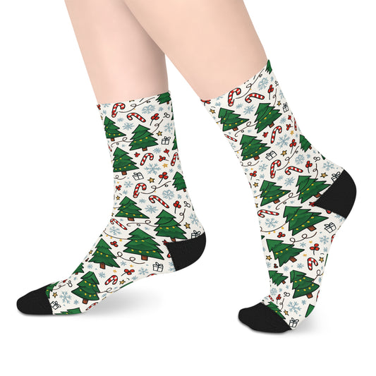 Christmas Tree Pattern Mid-Length Socks — Candy Cane & Snowflake Holiday Crew Socks