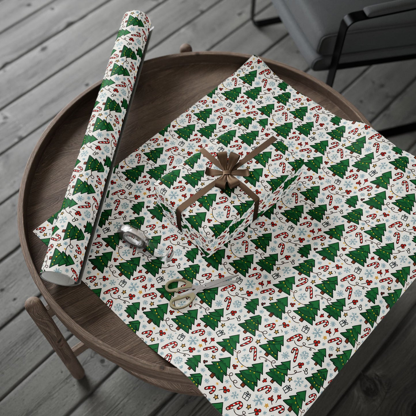 Christmas Trees & Candy Canes Wrapping Paper Roll — Festive Holiday Gift Wrap