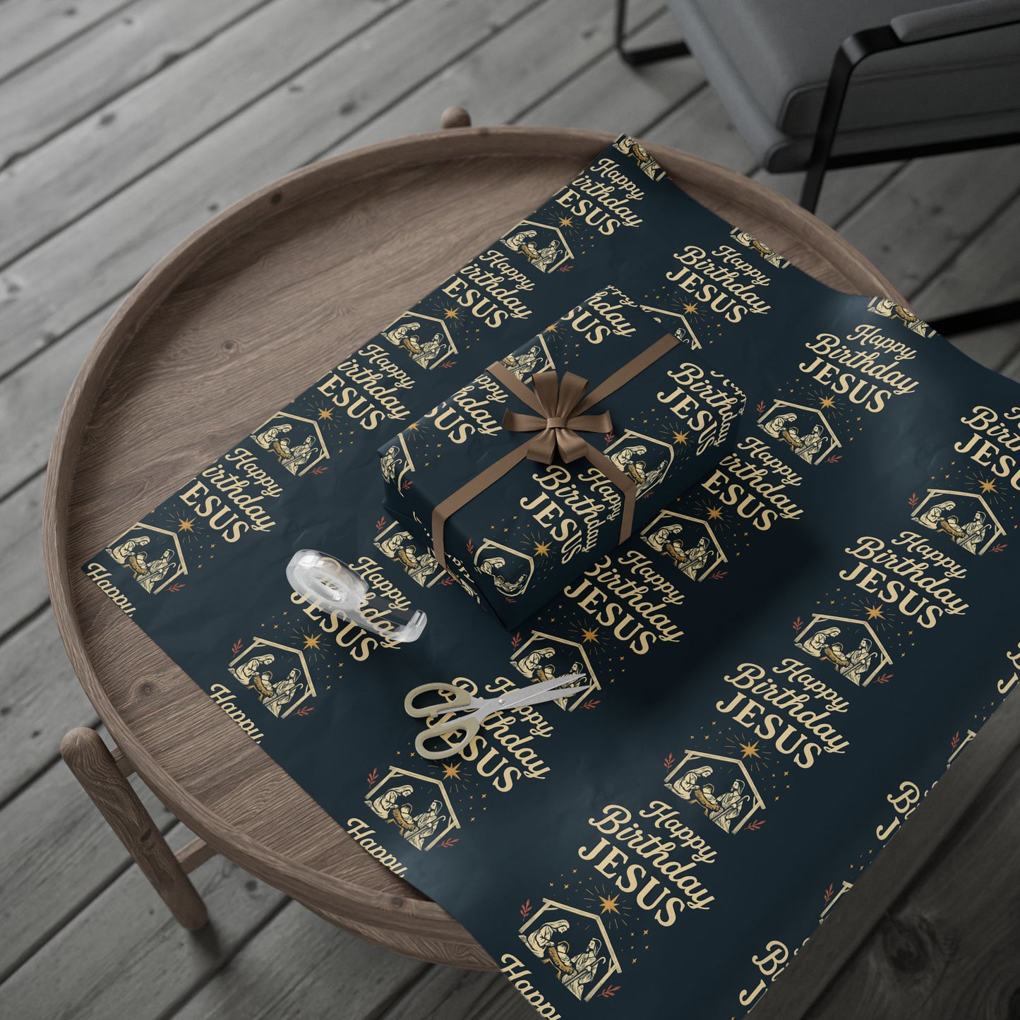 Happy Birthday Jesus and Nativity Scene Pattern Wrapping Paper - Midnight-Blue