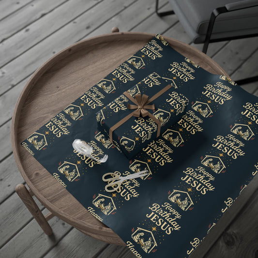 Happy Birthday Jesus and Nativity Scene Pattern Wrapping Paper - Midnight-Blue