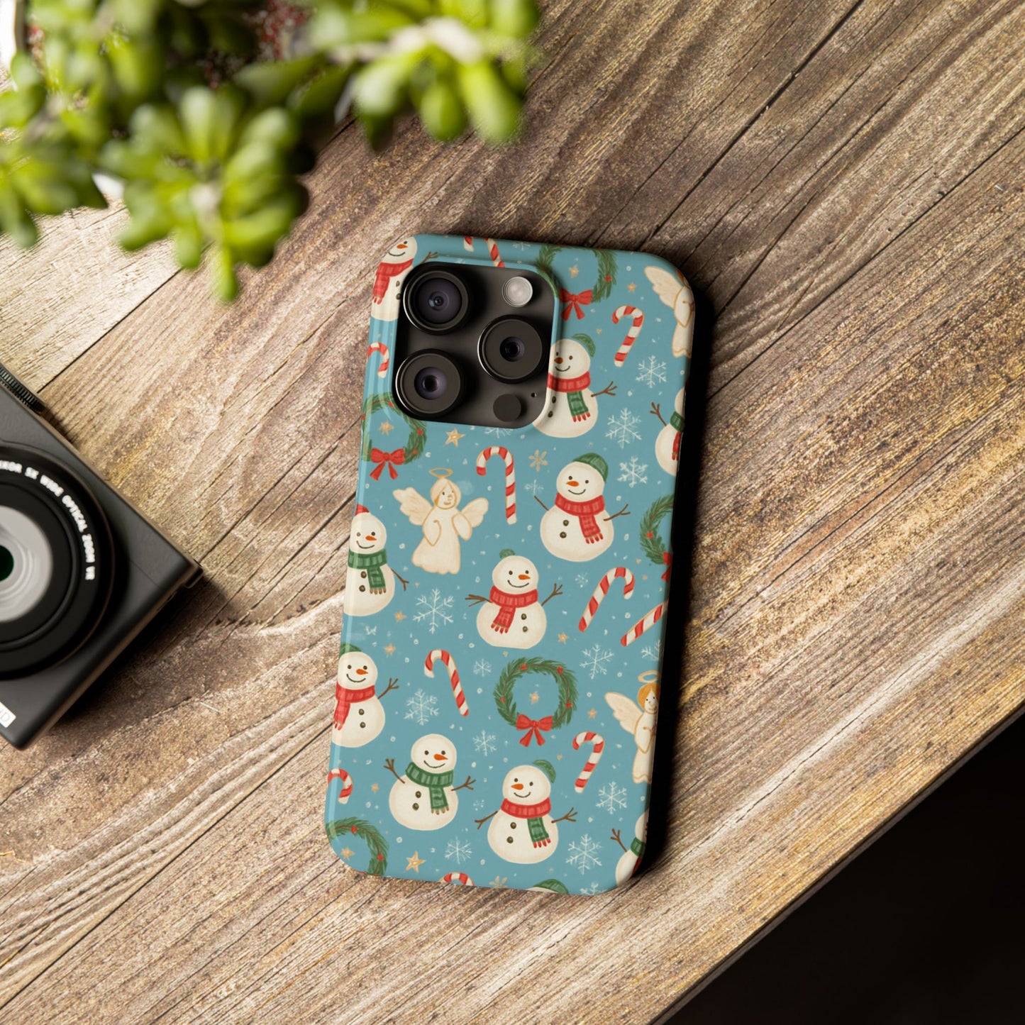 Holiday Snowman Slim Phone Case — Cute Christmas Candy Cane & Wreath Pattern