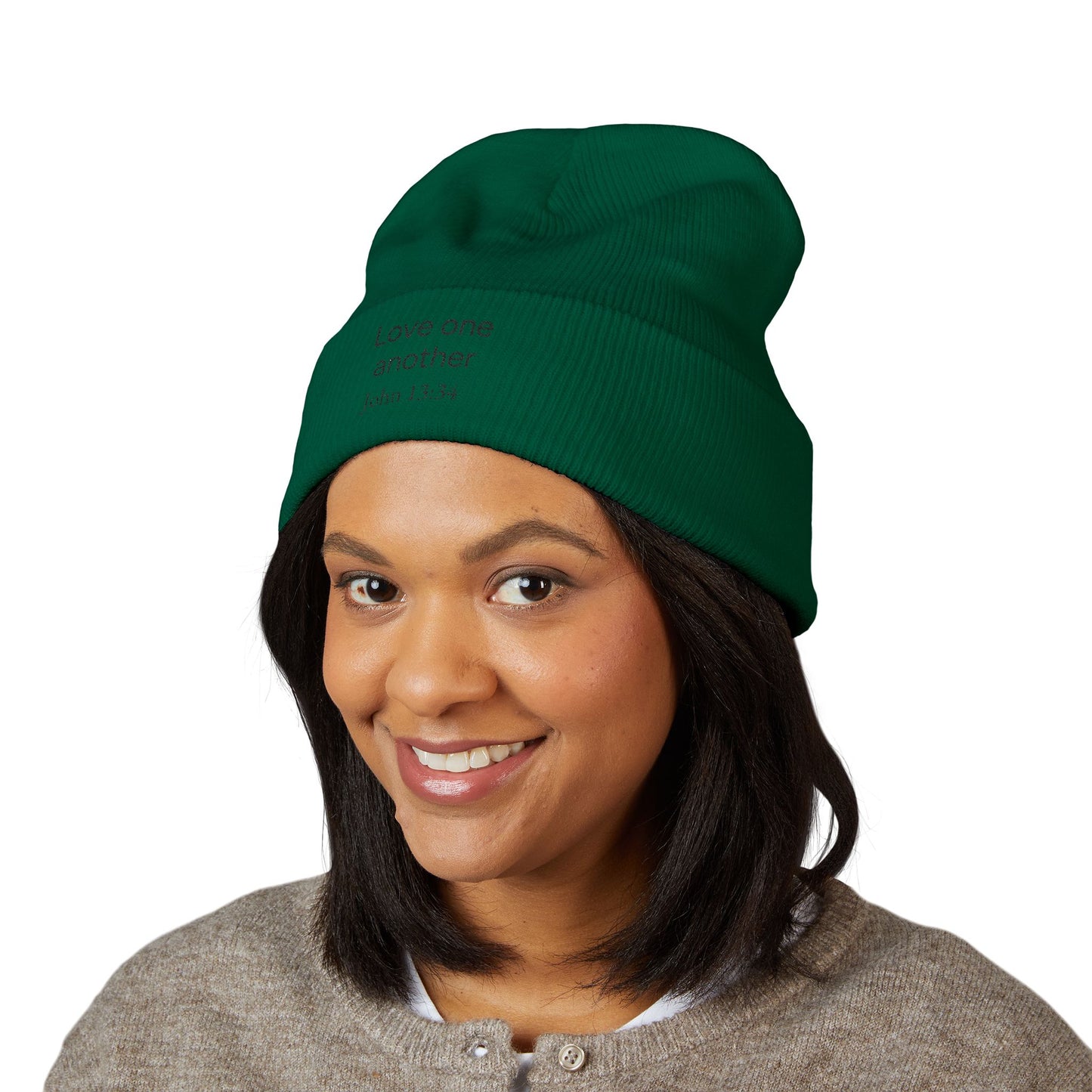 'Love One Another' Embroidered Cuffed Beanie – John 13:34 Christian Knit Hat