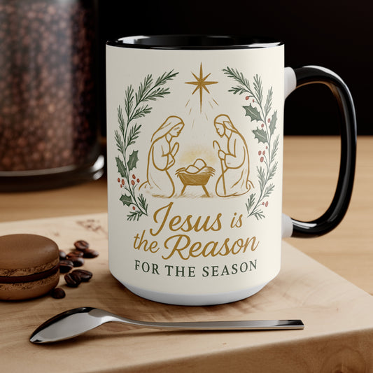 Jesus Is the Reason Accent Mug — Nativity Christmas Coffee Cup (15oz)