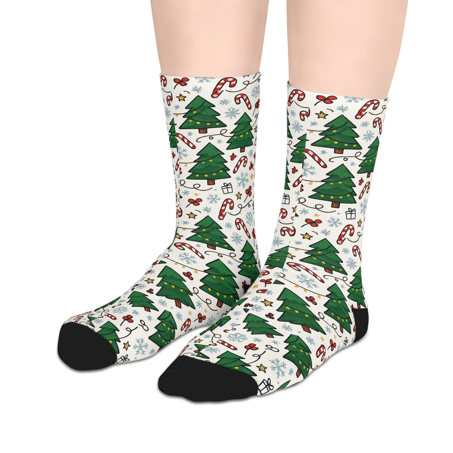 Christmas Tree Pattern Mid-Length Socks — Candy Cane & Snowflake Holiday Crew Socks