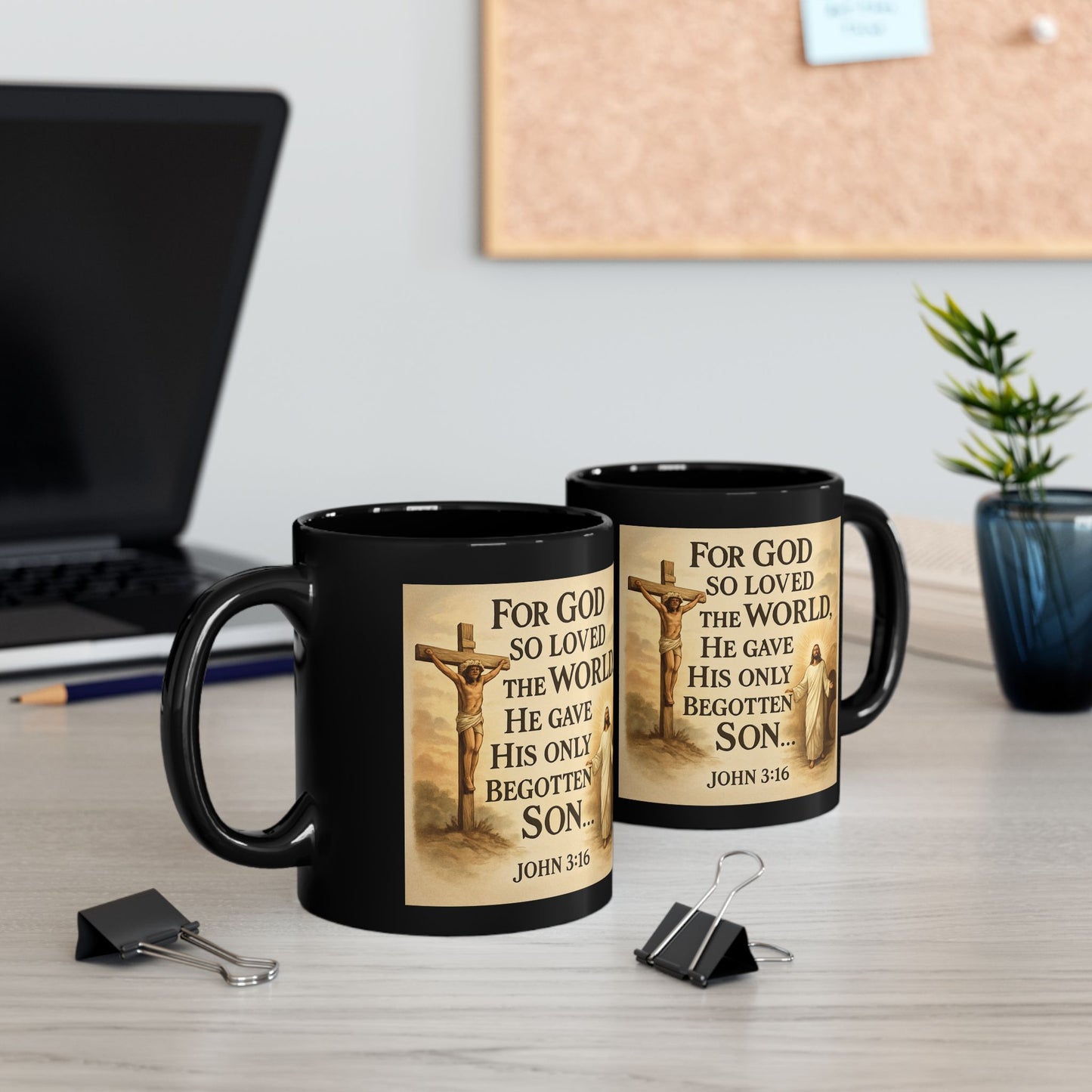 John 3:16 Black Coffee Cup "For God So Loved the World"