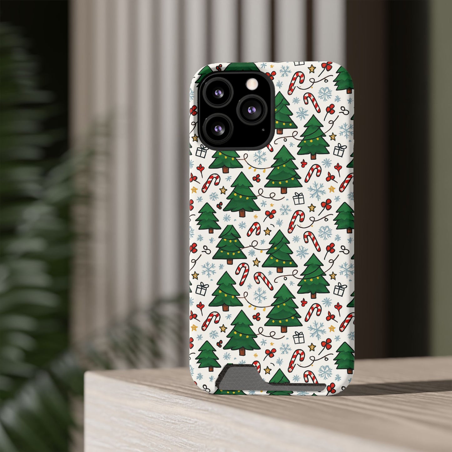 Festive Christmas Trees Phone Card Case – Holiday Candy Cane & Gift Pattern