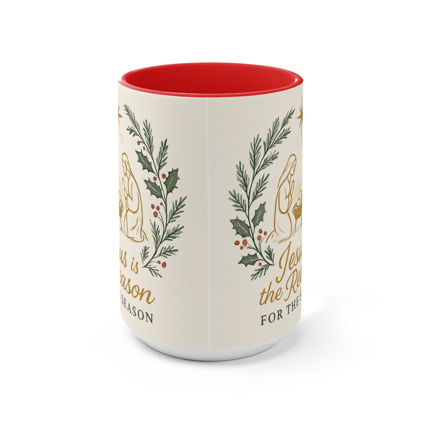 Jesus Is the Reason Accent Mug — Nativity Christmas Coffee Cup (15oz)