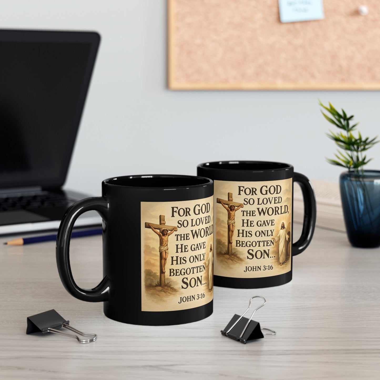 Christian Faith Mug — John 3:16 Scripture Coffee Cup (Black, 11oz/15oz)