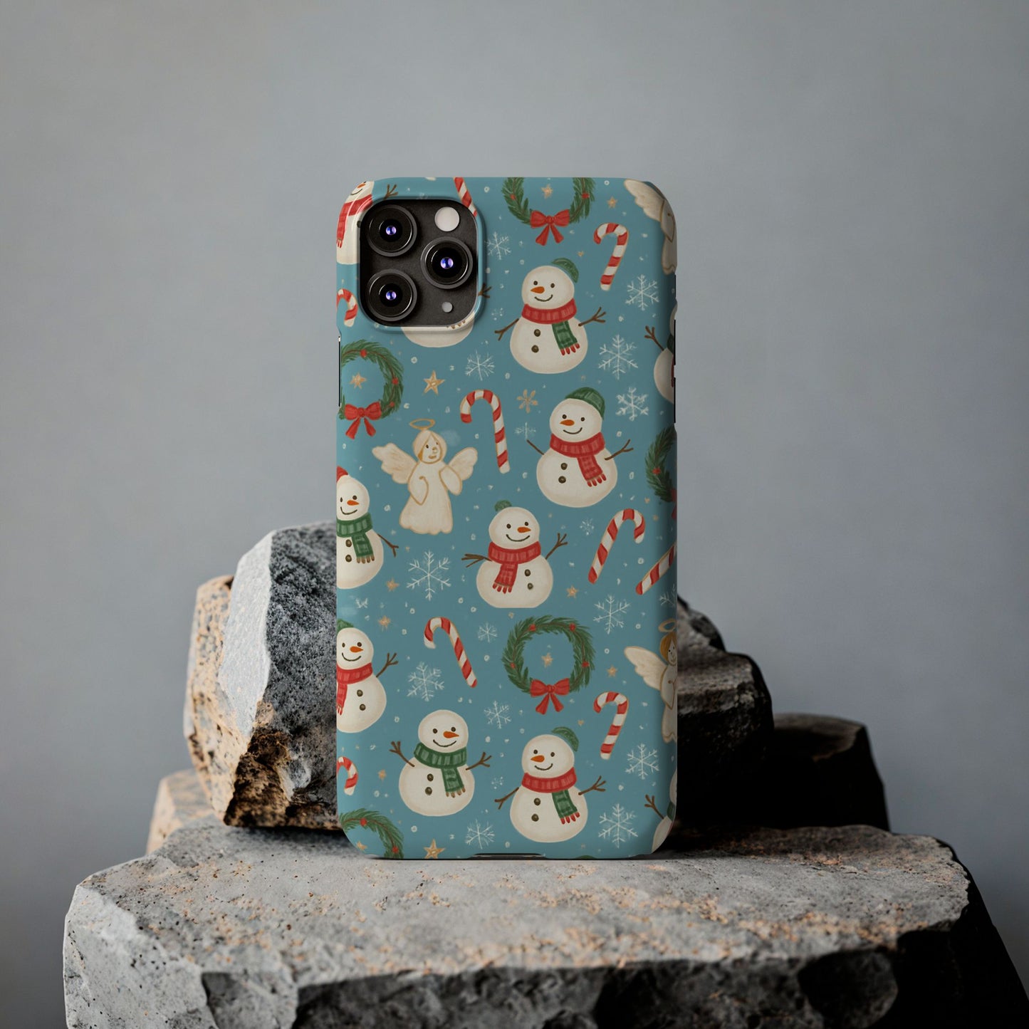 Holiday Snowman Slim Phone Case — Cute Christmas Candy Cane & Wreath Pattern