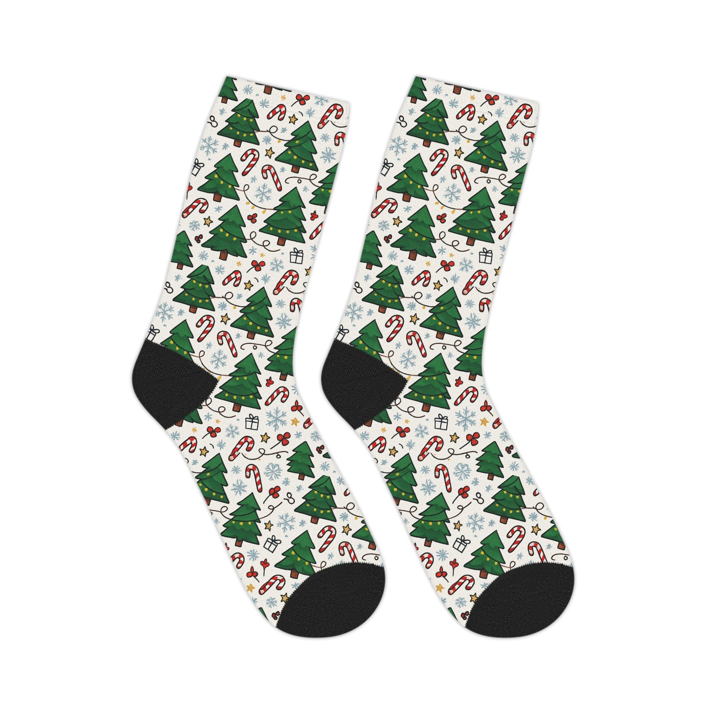 Christmas Tree Pattern Mid-Length Socks — Candy Cane & Snowflake Holiday Crew Socks