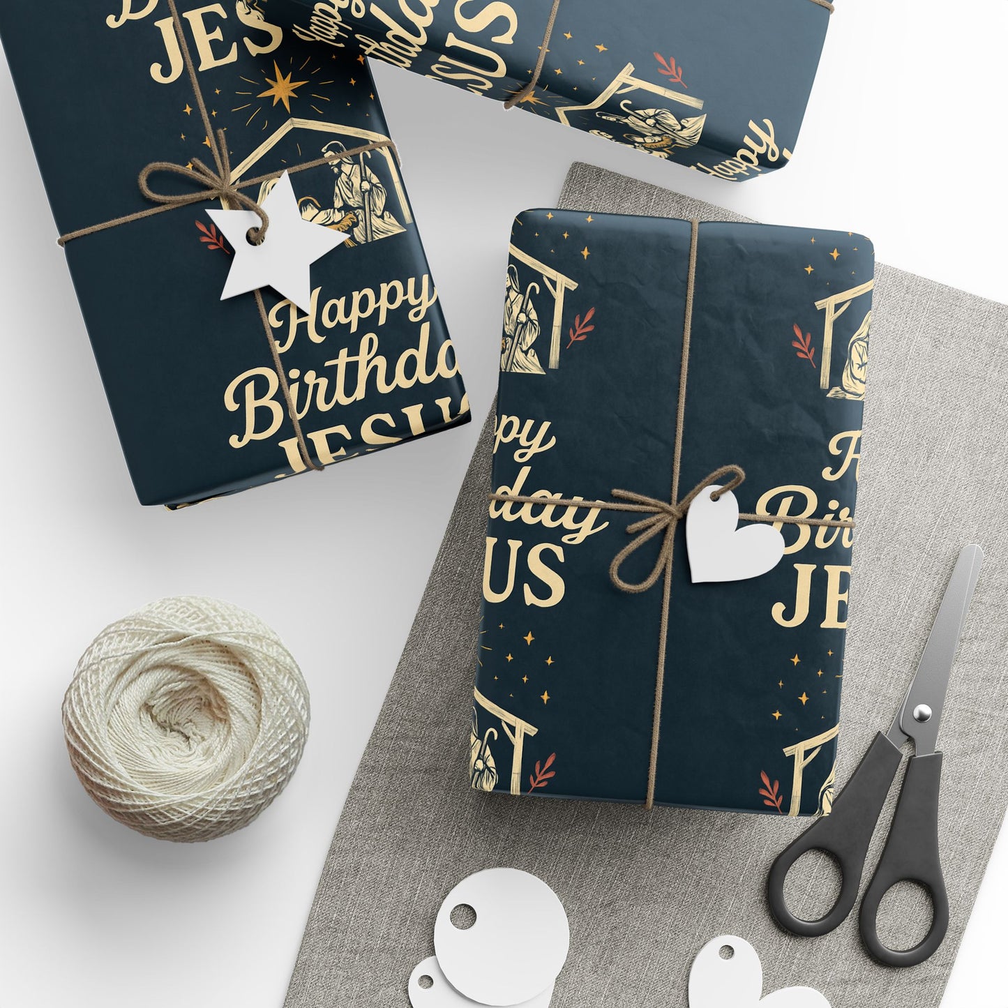 Happy Birthday Jesus and Nativity Scene Pattern Wrapping Paper - Midnight-Blue