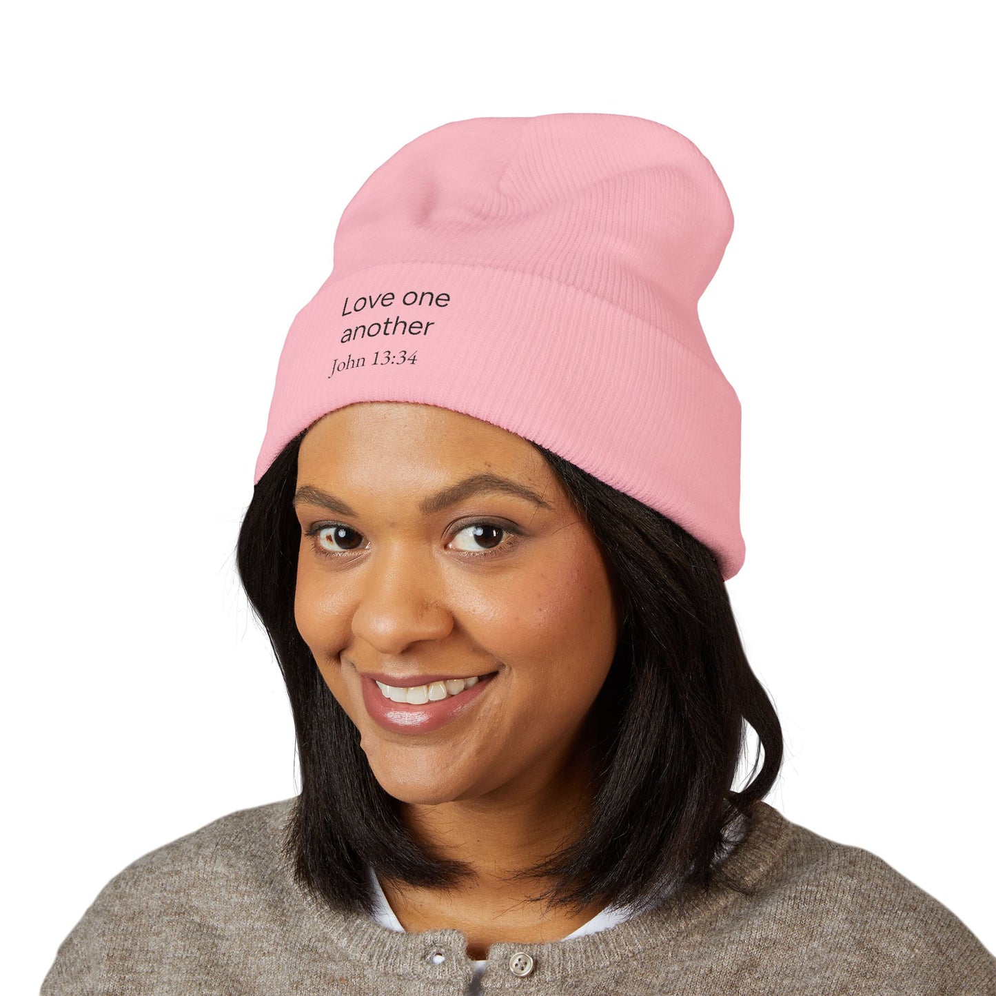 'Love One Another' Embroidered Cuffed Beanie – John 13:34 Christian Knit Hat