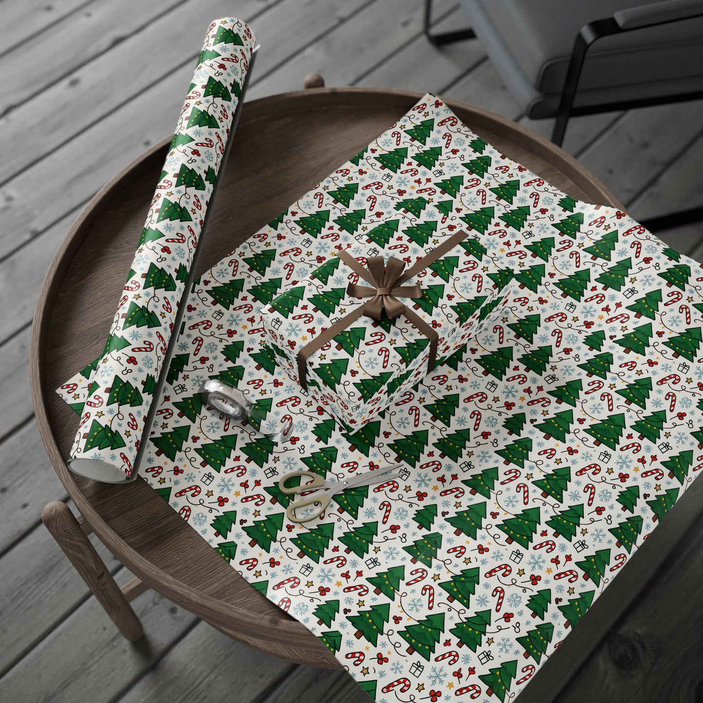 Christmas Trees & Candy Canes Wrapping Paper Roll — Festive Holiday Gift Wrap