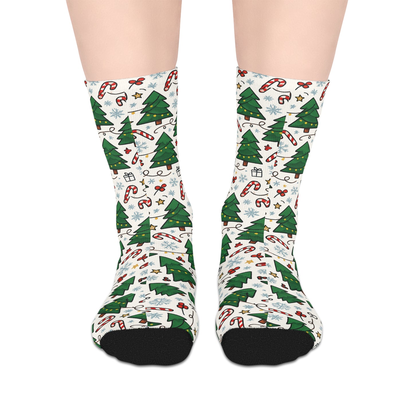 Christmas Tree Pattern Mid-Length Socks — Candy Cane & Snowflake Holiday Crew Socks