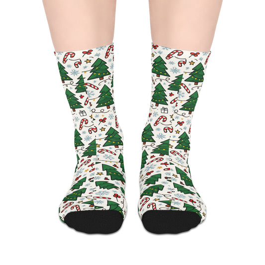 Christmas Tree Pattern Mid-Length Socks — Candy Cane & Snowflake Holiday Crew Socks