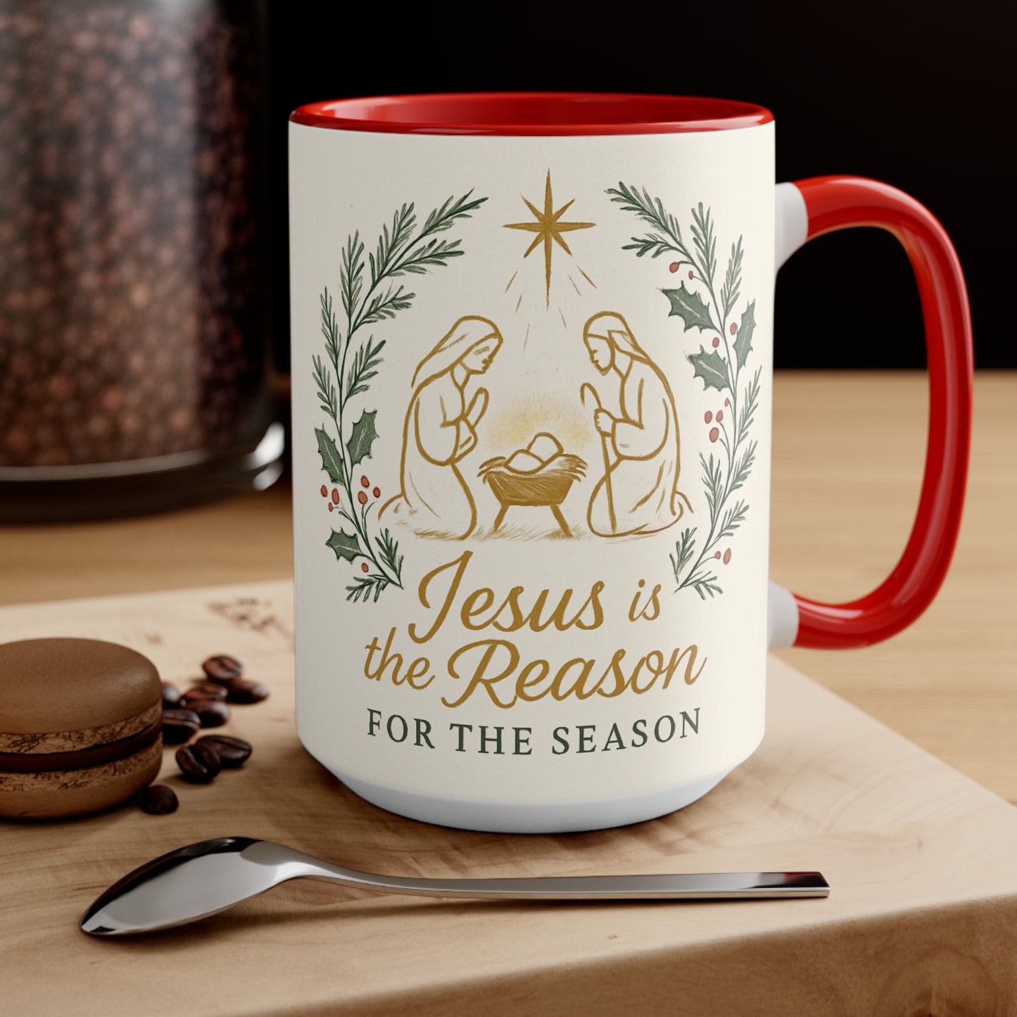 Jesus Is the Reason Accent Mug — Nativity Christmas Coffee Cup (15oz)