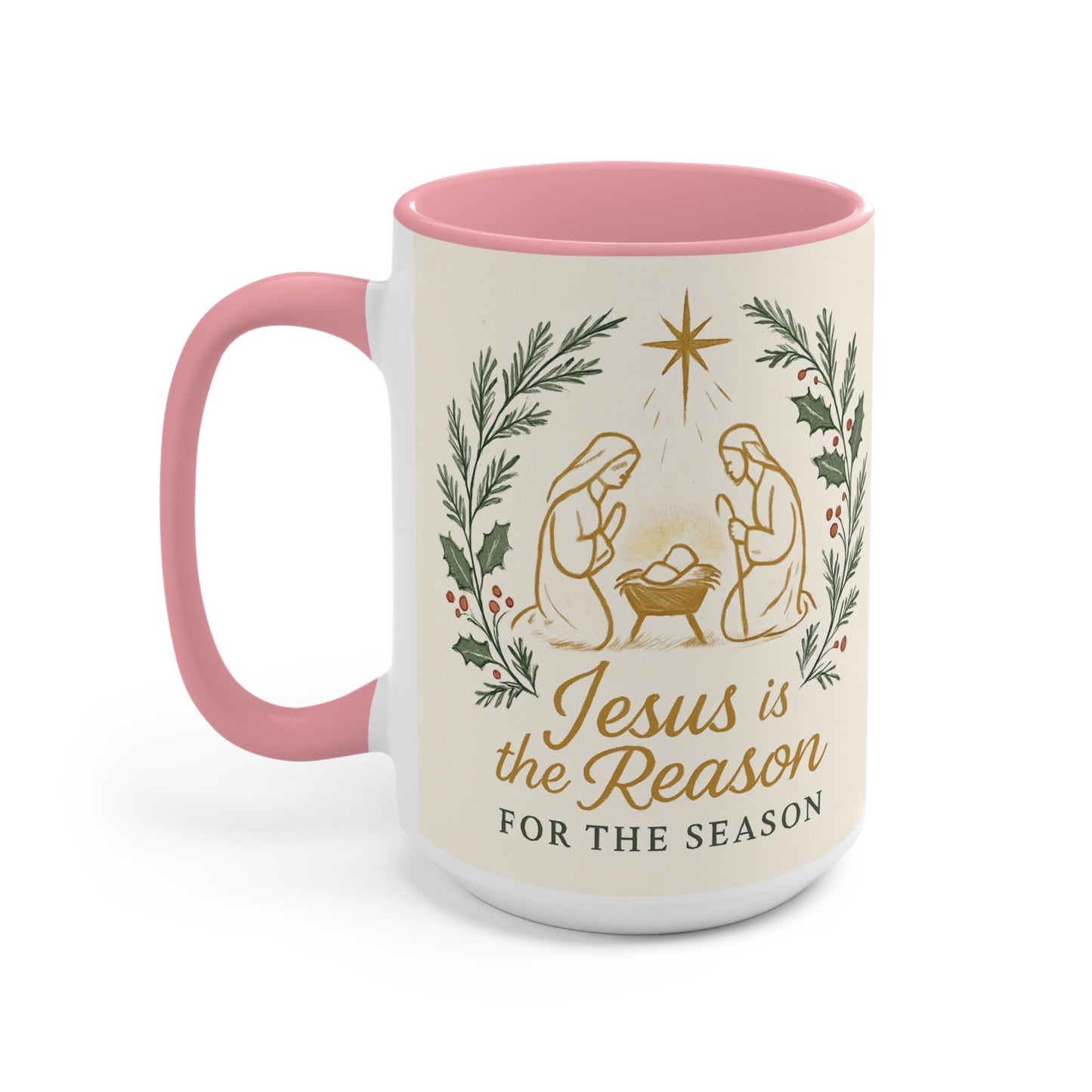 Jesus Is the Reason Accent Mug — Nativity Christmas Coffee Cup (15oz)
