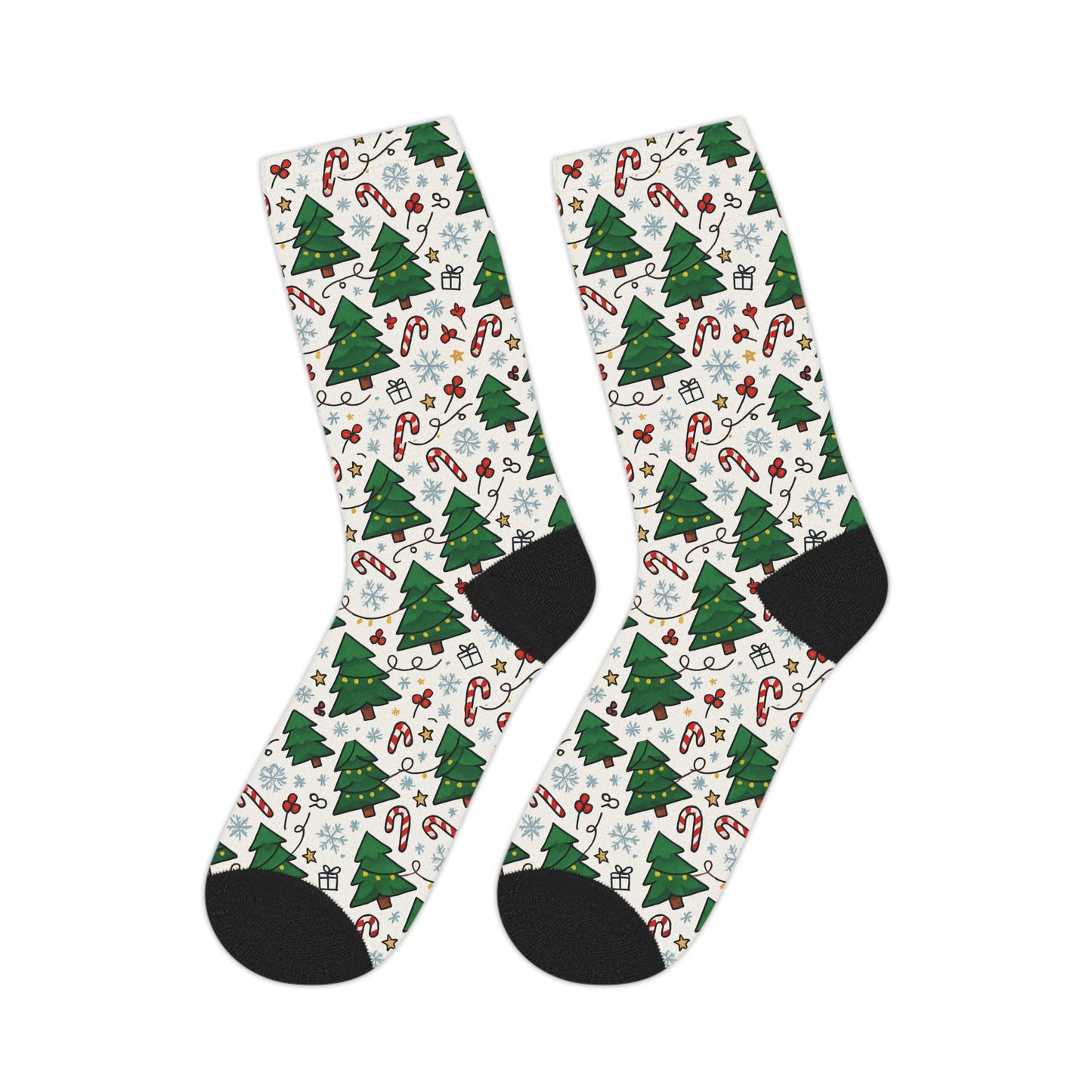 Christmas Tree Pattern Mid-Length Socks — Candy Cane & Snowflake Holiday Crew Socks
