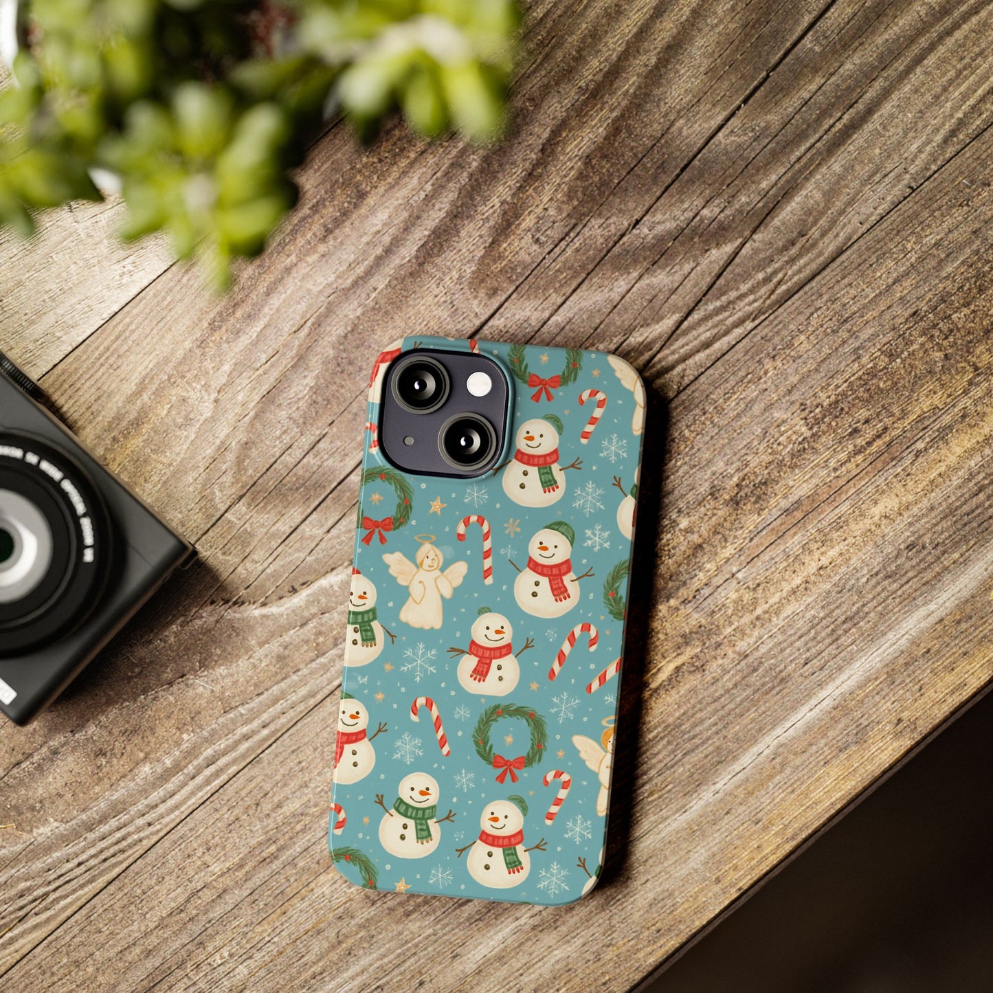 Holiday Snowman Slim Phone Case — Cute Christmas Candy Cane & Wreath Pattern