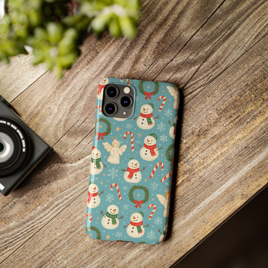 Holiday Snowman Slim Phone Case — Cute Christmas Candy Cane & Wreath Pattern
