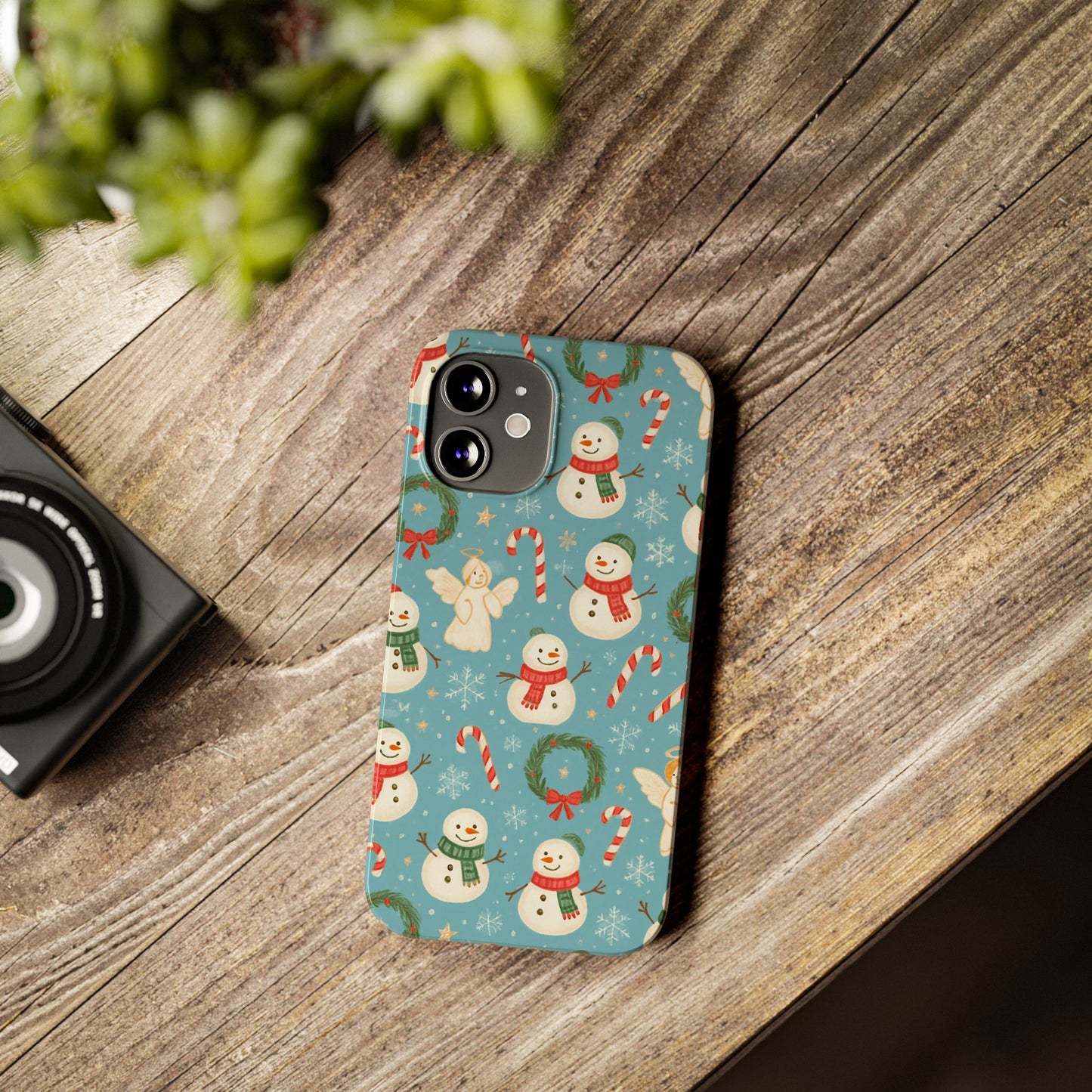 Holiday Snowman Slim Phone Case — Cute Christmas Candy Cane & Wreath Pattern