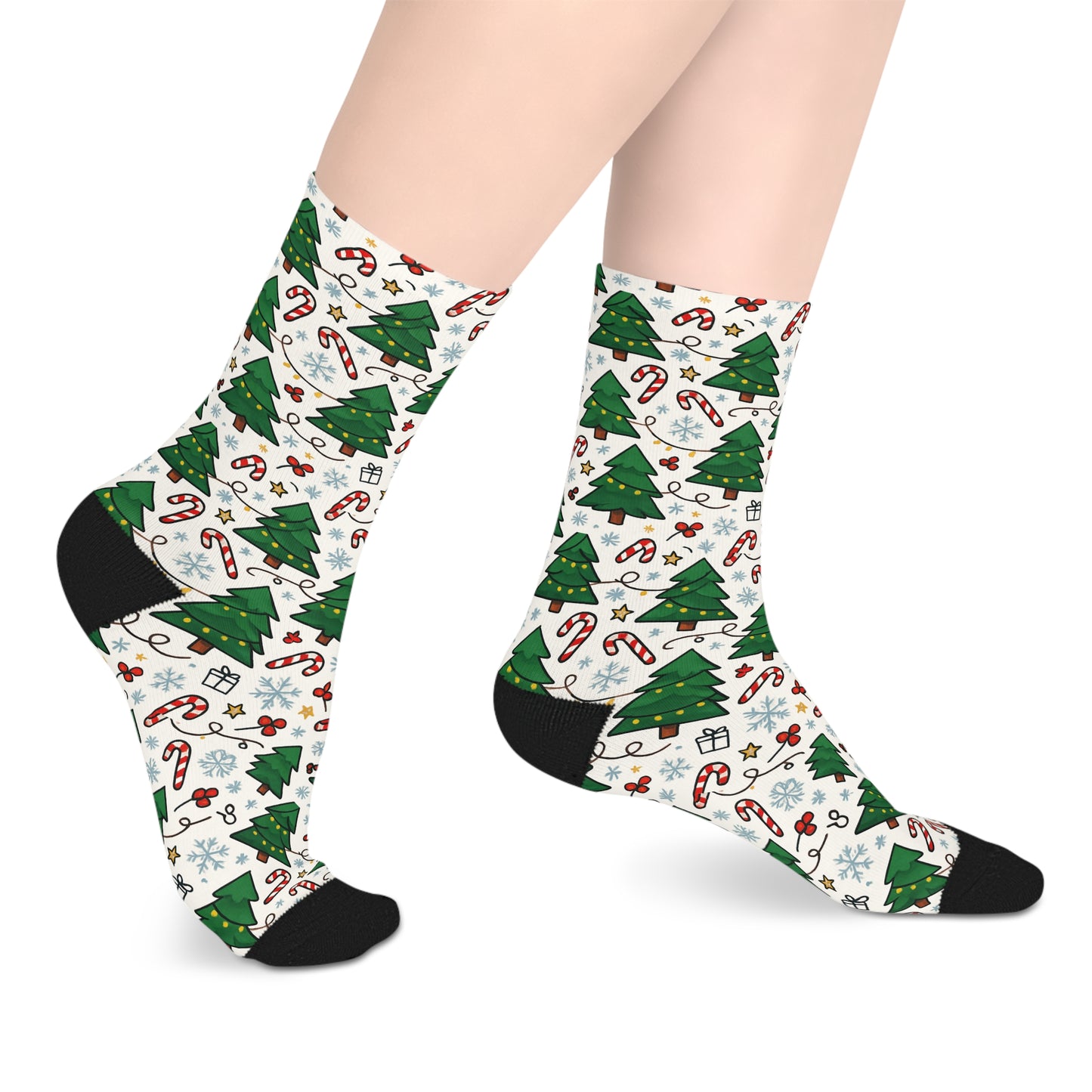 Christmas Tree Pattern Mid-Length Socks — Candy Cane & Snowflake Holiday Crew Socks