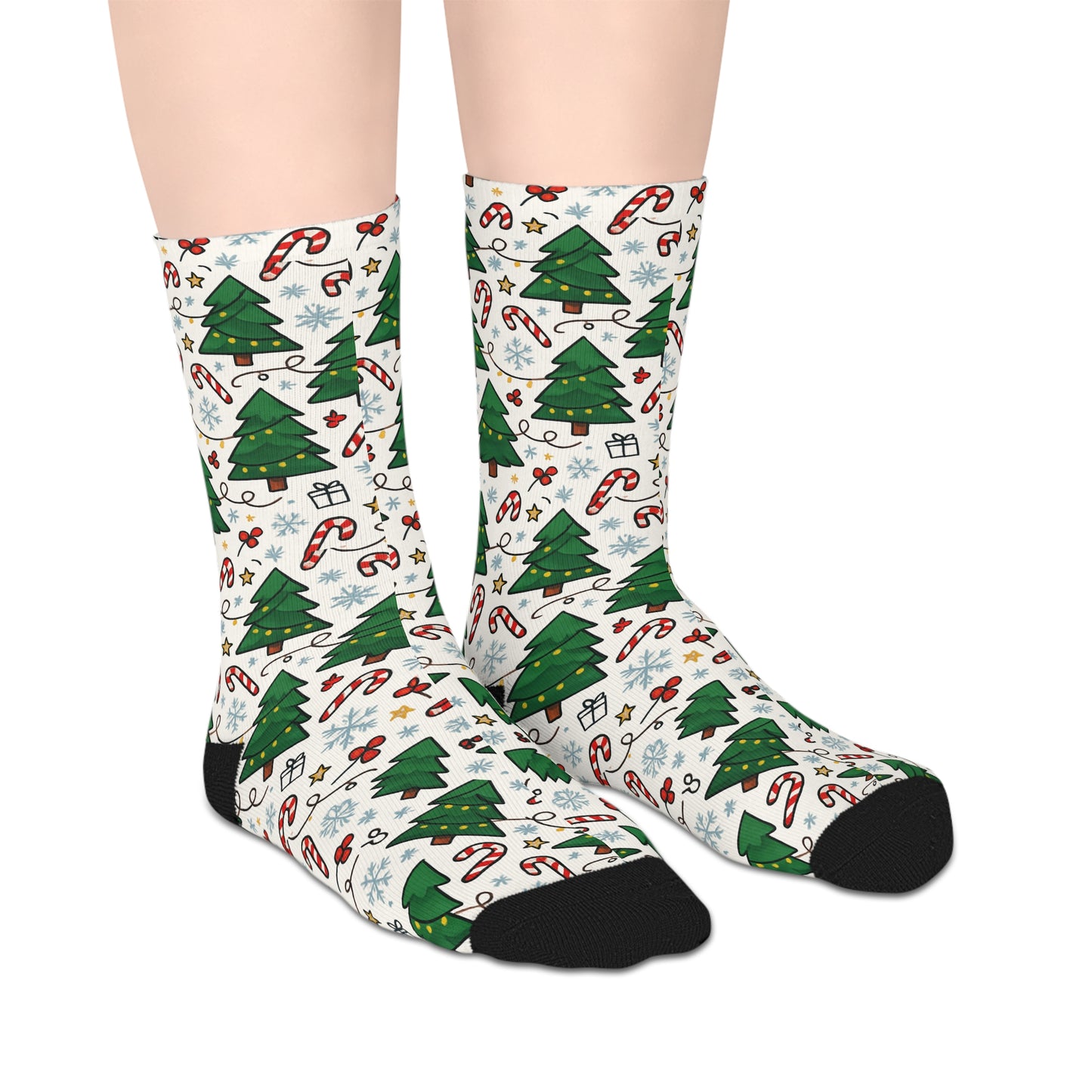 Christmas Tree Pattern Mid-Length Socks — Candy Cane & Snowflake Holiday Crew Socks