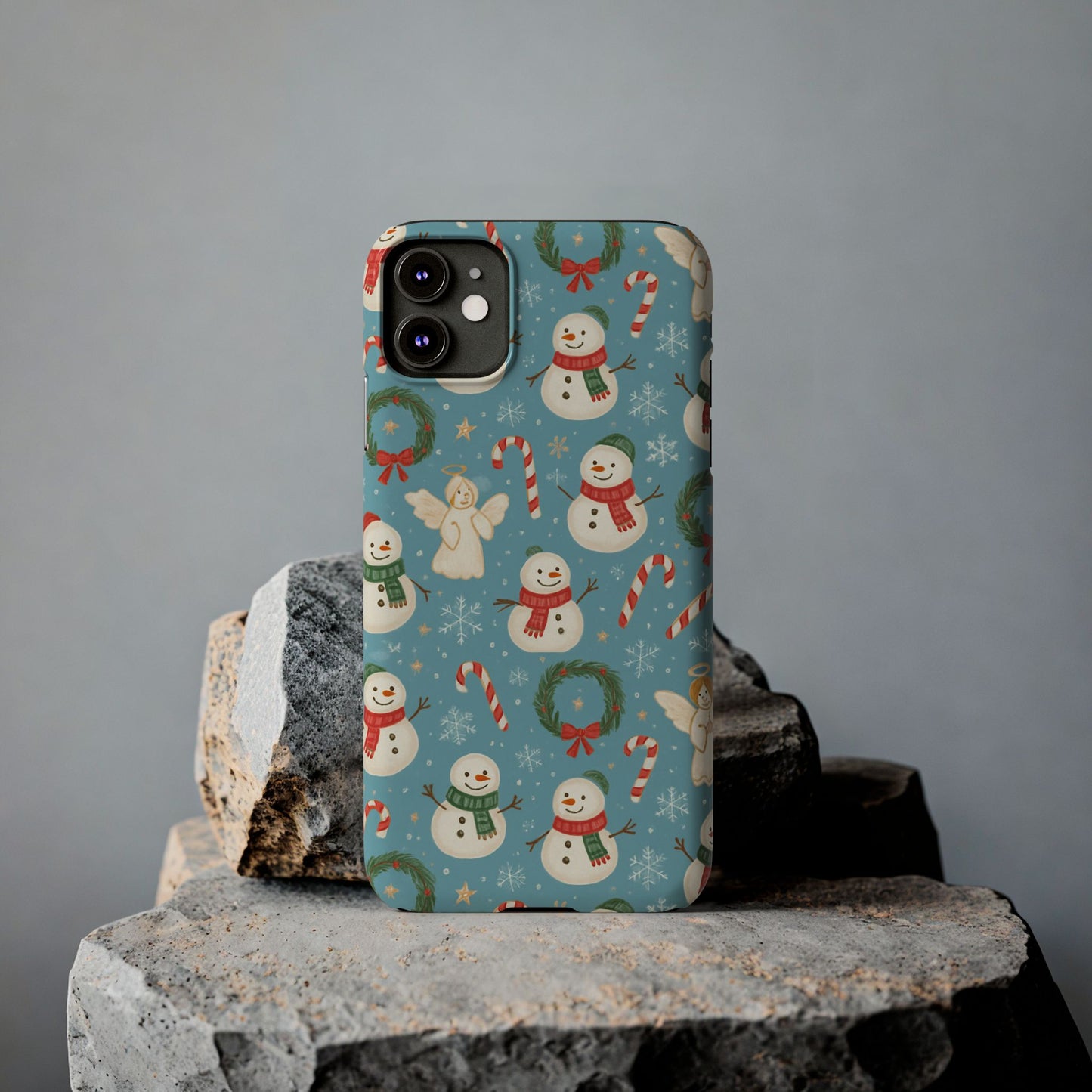 Holiday Snowman Slim Phone Case — Cute Christmas Candy Cane & Wreath Pattern
