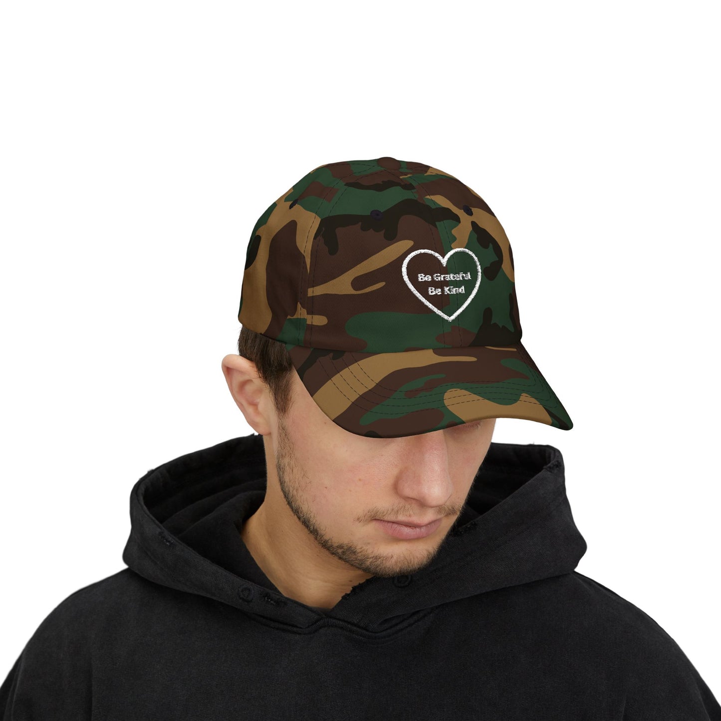Camo Dad Cap — Embroidered 'Be Grateful Be Kind' Heart