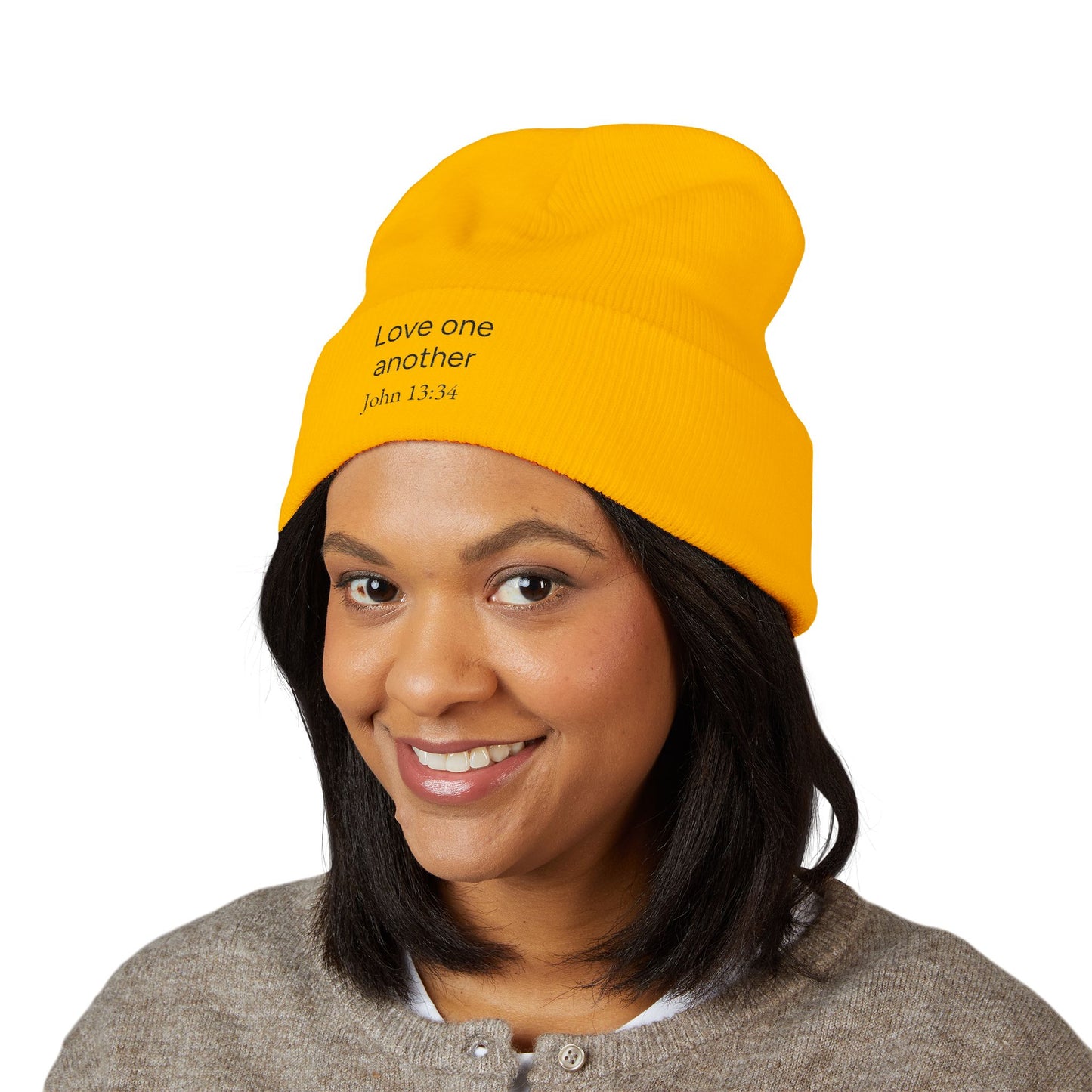 'Love One Another' Embroidered Cuffed Beanie – John 13:34 Christian Knit Hat