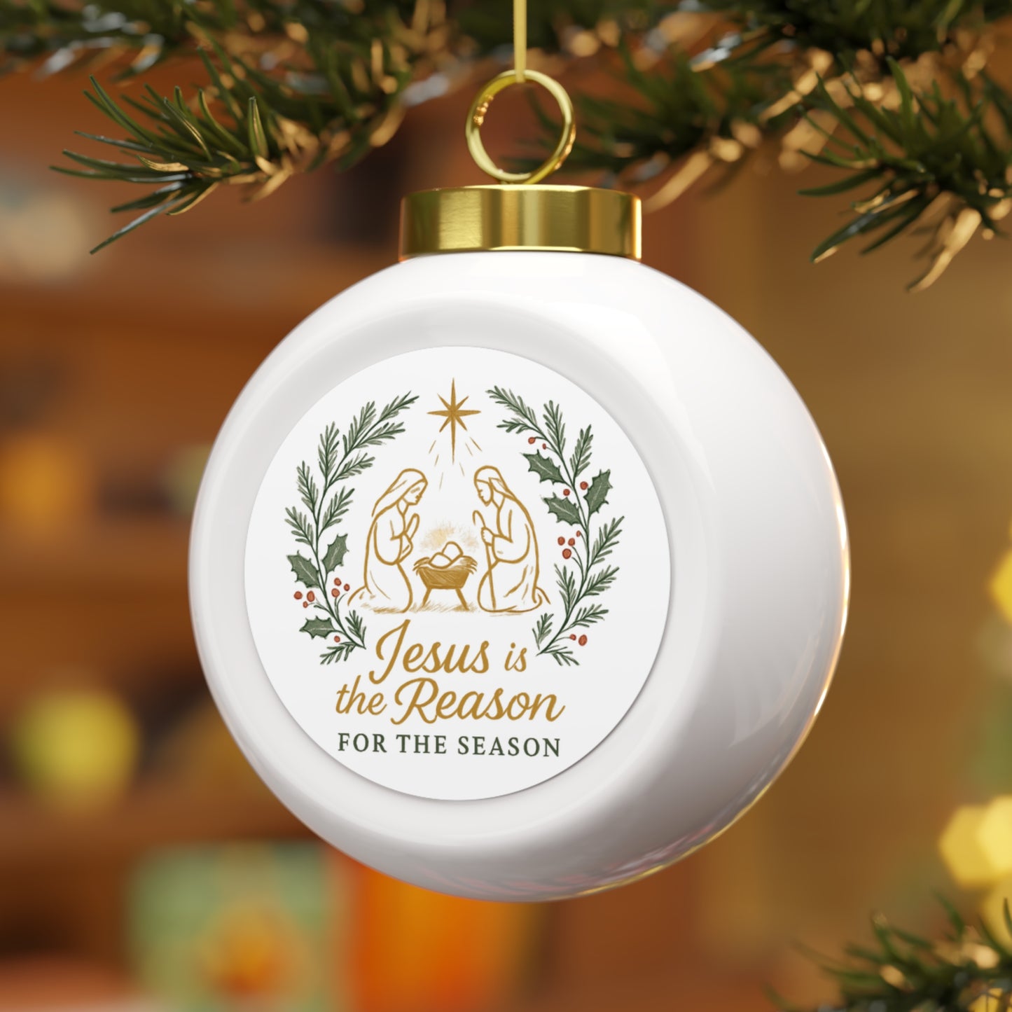Jesus Is the Reason Christmas Ball Ornament — Nativity Religious Holiday Decoration
