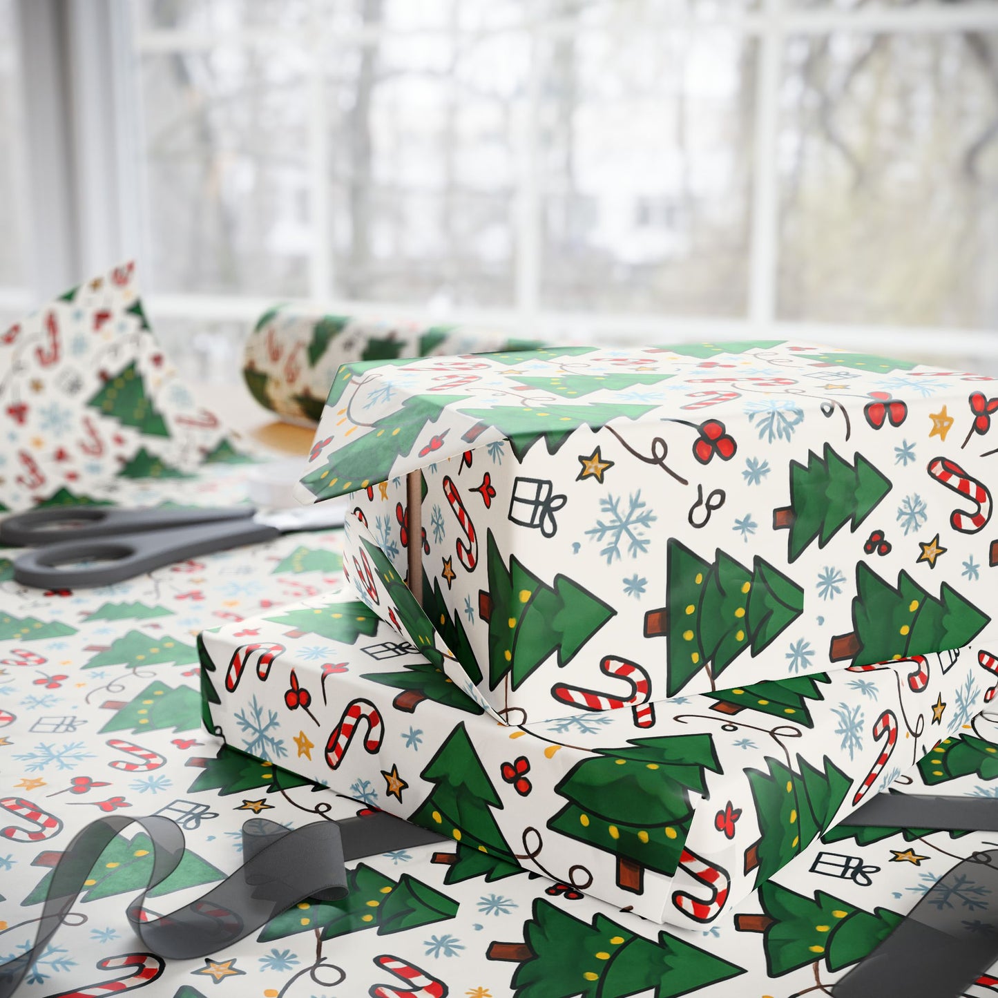 Christmas Trees & Candy Canes Wrapping Paper Roll — Festive Holiday Gift Wrap