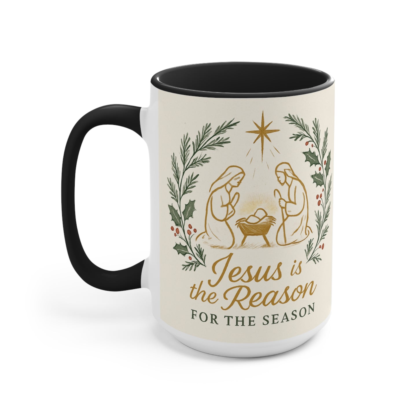Jesus Is the Reason Accent Mug — Nativity Christmas Coffee Cup (15oz)