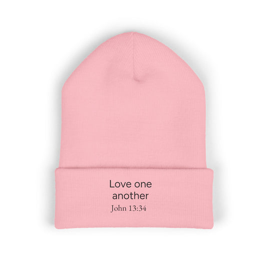 'Love One Another' Embroidered Cuffed Beanie – John 13:34 Christian Knit Hat