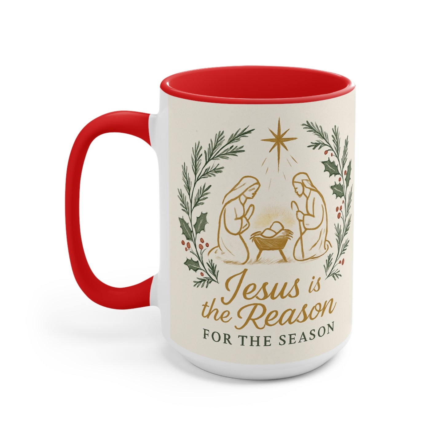 Jesus Is the Reason Accent Mug — Nativity Christmas Coffee Cup (15oz)