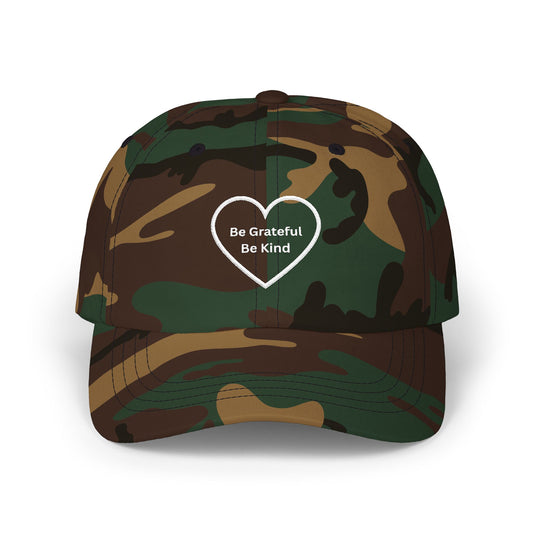 Camo Dad Cap — Embroidered 'Be Grateful Be Kind' Heart