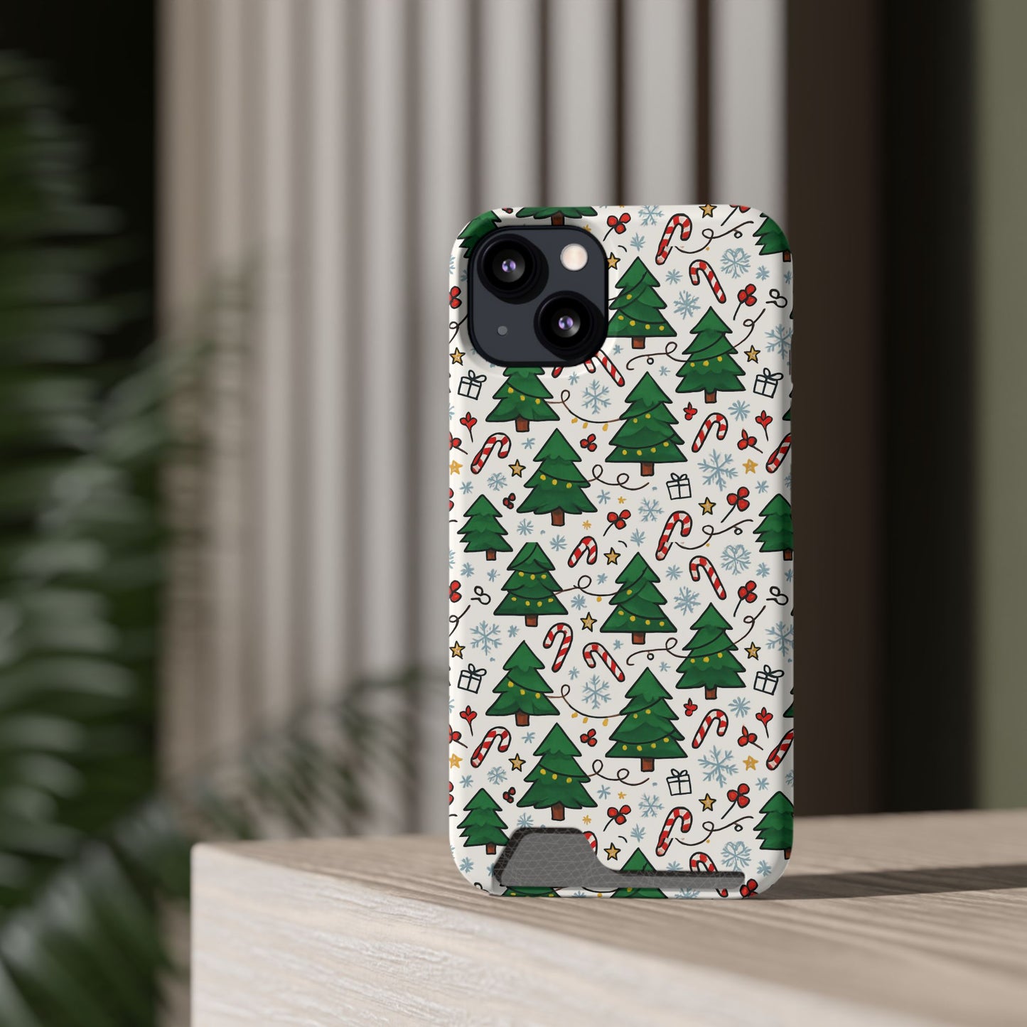 Festive Christmas Trees Phone Card Case – Holiday Candy Cane & Gift Pattern