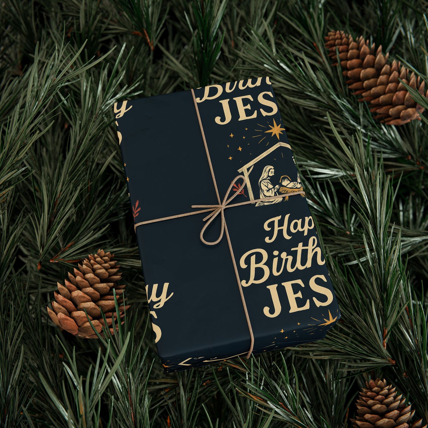 Happy Birthday Jesus and Nativity Scene Pattern Wrapping Paper - Midnight-Blue